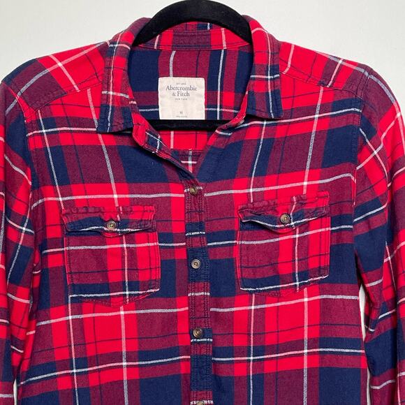 Abercrombie & Fitch Button Up Shirt Plaid Collared Red Country Farm Workwear M - Picture 4 of 10